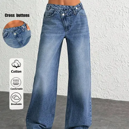 Women's Cross Waist Button Vintage Wide Leg Jeans, Soft Denim Fabric, Comfortable Everyday Casual Wear, Perfect Fit for Various Body Types, Casual Fashion Jeans, Pants, Womenswear