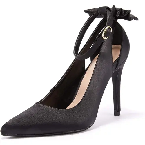 Coutgo Women's Faux Suede Heeled Sandals - Fashionable Slingback, Chunky Heel, Classy Pointed Toe, Scalloped Trim, Back Bow, Buckle Ankle Hold, Stilettos, Soft Elegant Footwear for Party & Casual Wear, Sandals for Women