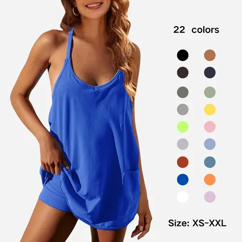 Molitree Women's Summer Sleeveless Mini Dress Athletic Dress V Neck Spaghetti Strap Short Tennis Dress with Built-in Shorts