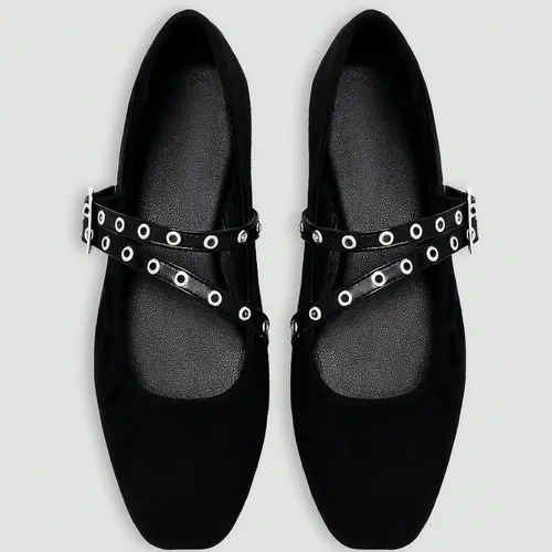 Women's Mary Jane Flat Shoes, Velvet Cross Strap Design, Silver Color Round Ring Studs, Comfortable Daily Commute Footwear, Rubber, Casual Flats, Elegant Casual Shoes
