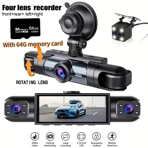 4 Channel 1080P Dash Cam Auto Accessories, 360-Degree Coverage Front Rear Left Right Views Cam Wide Angle, Parking Monitor, G Sensor, 64GB Micro SD Card Easy-Install Vehicle Recorder for Car Safety