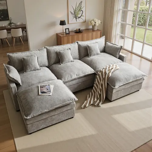 DealsforYourDays【2 Packages Shipping】XIZZI 108" U-Shaped Modular Sectional Sofa - Comfy Cloud 3-Seater with 2 Movable Ottoman, Could Sofa, Deep Seat Linen Couch for Living Room, Gray Color, Comfort & Stylish Design