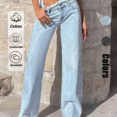Women's Light Blue Wide Leg Basic Plain Casual Fashion Jeans, Light Wash, Soft Denim Material, Comfortable and Versatile, Fashionable Mid Waist Loose Fit Pants, Trouser, Womenswear