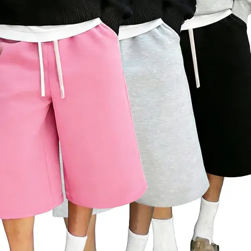 Men’s Solid-Color Knit 3/4 Jogger Shorts, Elastic Waistband Drawstring Active Above-the-Knee Street-Style Bottoms, Casual Loose for Everyday Wear (Beige, Grey), Men's Shorts