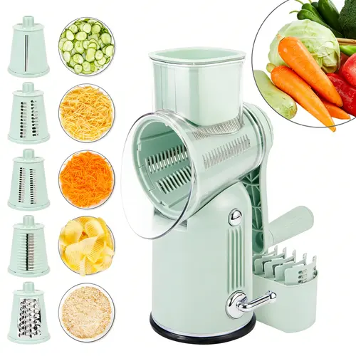 5-in-1 Handheld Manual Cheese Shredder with Hand Crank - Strong Suction Base, Blade Storage Box, Veggie Chopper, Fruit Vegetable Slicer, Vegetable Cutting Slicer - Hand Crank Makes Prep Effortless Modern Kitchen Utensil
