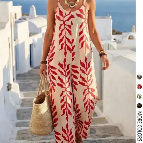 Women's Casual Chic Bohemian Printed Loose One-Piece Jumpsuit, Summer Fashion Sleeveless Jumpsuit, Comfortable and Stylish Boho Overall, Casual Sleeveless Overalls, Casual Jumpsuits, Loose Fit Overall, Casual Style Jumpsuit