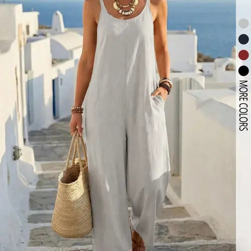 Women's casual solid color backless suspender jumpsuit Outfit, Overalls, Loose, Baggy, Chic, Everyday, Womenswear, suitable for daily commutes and vacations.