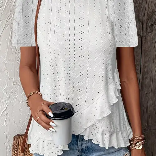 Women's Casual Style Breathable Hem Short Sleeve Top, Loose, Summer Ventilated Women's Clothing, Irregular Hem Design, Daily Comfort Wear, Everyday, Womenswear, Shirts