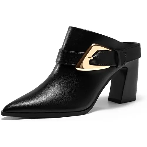 Coutgo Women's Fashion Elegant Plain Lightweight Black Block Heel Mules - Pointed Toe Cuban Slip-On Shoes with Edgy Ankle Buckle, All-Season Women's Shoes Heels for Jeans & Dresses,outdoorfun