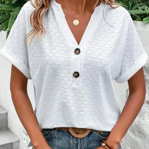 Women's Casual V-Neck Short Sleeve Top Blouse, Summer Fashion Loose Fit, Stylish Ladies' Daily Wear, Comfortable and Trendy