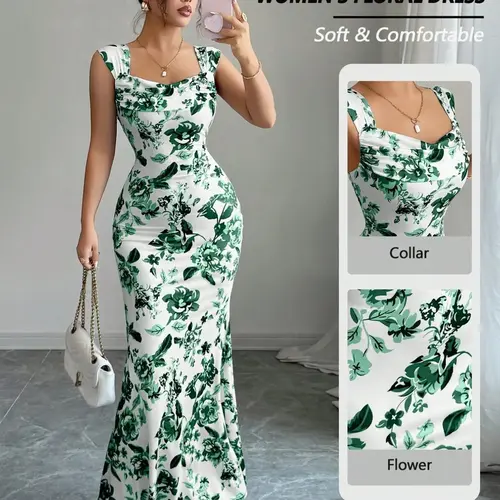 Women's Elegant Floral Print Sleeveless Bodycon Dress, Fashion Casual Vacation Dress, Boho Summer Dresses, Boho Summer Holiday, Summer Style, Perfect for Travel and Daily Wear, Womenswear