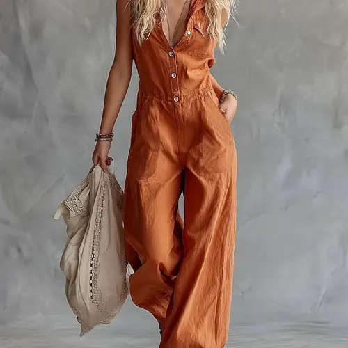 New Spring Summer American Style Sleeveless Lapel Jumpsuit, Loose Wide Leg, Casual Vacation Wear, Relaxed Fit, Women's Fashion Set, Lady