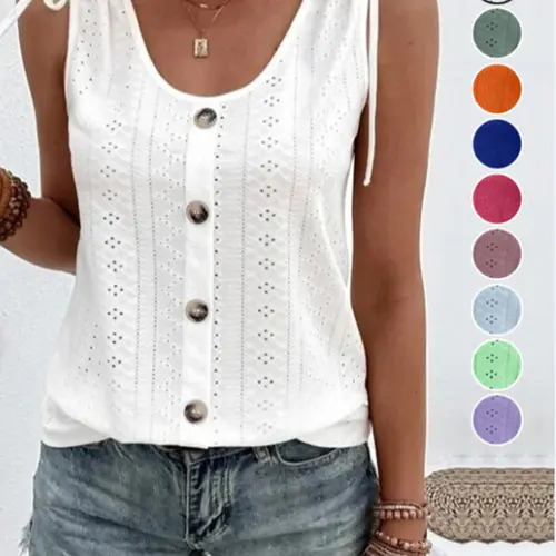 Women's Hollow Out Casual Chic Sleeveless Button Top, Knitted Tank Top, Breathable Summer, Minimalist Loose Fit, Perfect for Daily Wear