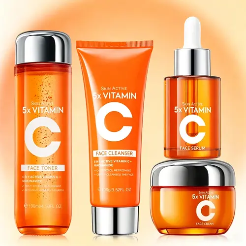 4PCS Vitamin C Infused Daily Skin Care Kit for Adults - Cleanser, Toner, Serum, Moisturizer, Gentle Hydrating Brightening Formula for All Skin Types, Hydrate-Focused Multi-Pack Skincare Set