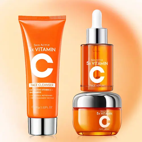3PCS Vitamin C Self Care Kit Bundle - Facial Cleansing Cleanser, Skin Active Serum, Moisturizer - Hydrating Nourishing Beauty Routine Essential for All Skin Types Daily Use