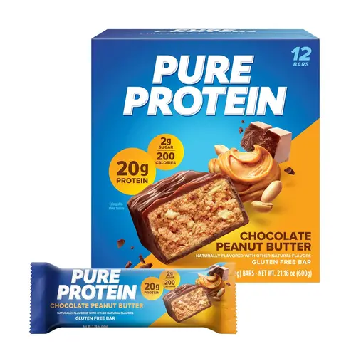 Pure Protein Chocolate Peanut Butter Protein Bars – 20g Protein, 2g Sugar, 200 Calories (12 count) Low Sugar* High Protein Snack - Gluten Free - Perfect for a Healthy Snack