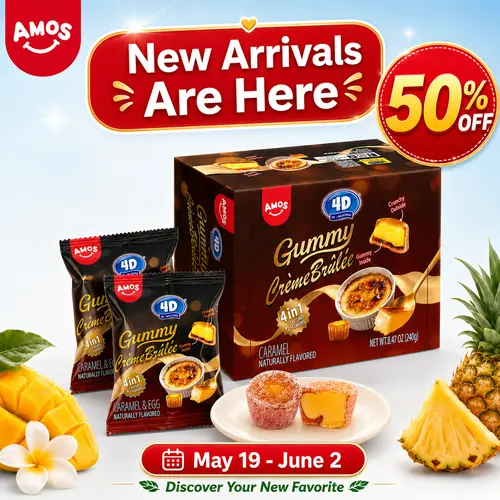 Amos 4D Caramel Gummy – Caramel Flavored Chewy Gummies, Crème Brûlée Tastes, Pudding Gummies, Soft Chewy Candy Bites, 8.47 oz (240 g) Bag