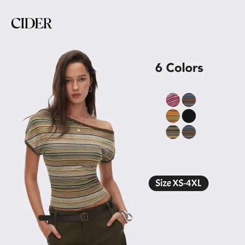 Cider Striped Asymmetrical Neck Short Sleeve Top Casual Womenswear Vintage Style SummerWins SummerFinds