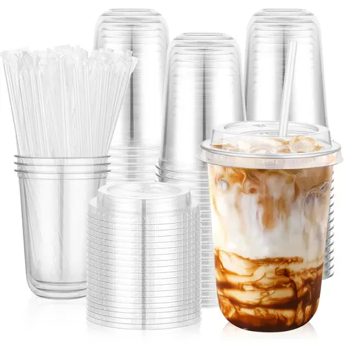 50 Set 400ml Clear Plastic Cups with Lids & Straws, Disposable Round Bottom To Go Iced Coffee Drinking Cup for Cold Beverage Smoothies Juice Lemonade Slushies Milkshake Party Catering Supplies