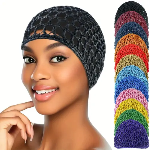Unisex 5-Piece Reusable Solid Color Woven Shower Cap Set - Bathroom Accessory, 1-Size Fashionable Knitted Hollow Sleep Tie-Up Hair Cap