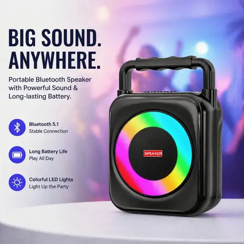 4-inch Bluetooth speaker with loud volume, multiple playback modes, long battery life, equipped with Bluetooth 5.1 technology, colorful lighting, portable handheld design, clear sound quality, suitable for dancing, outdoor activities, home use, and more.