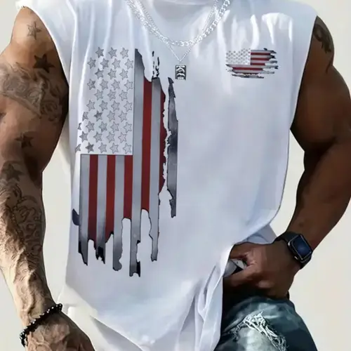 Men's American Flag Sleeveless Vest, Streetwear Style Loose Fit Gym T-Shirt, Trendy Casual Design, Summer Fashion