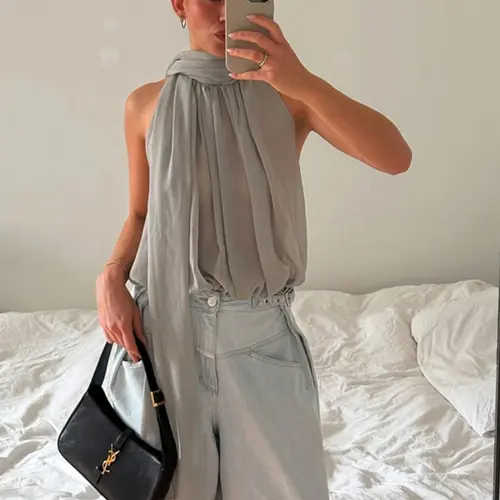 Women's Chiffon Lightweight High Neck Sleeveless Top, Elegant Solid Color, Casual Stylish Blouse