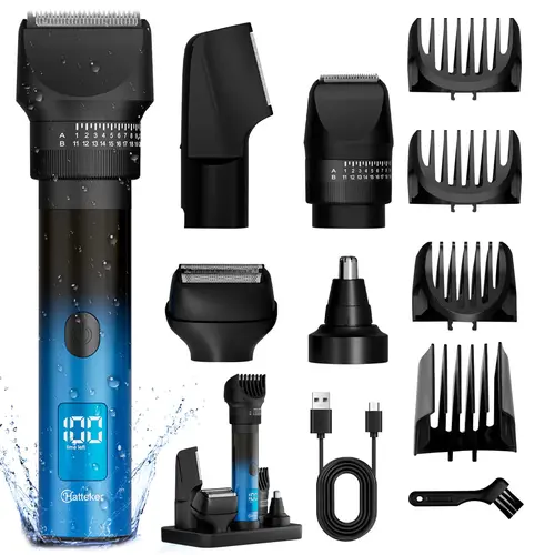 HATTEKER Men's 5-in-1 Cordless Quiet Trimmer Kit - Smooth Stainless Steel Beard Trimmer, Adjustable Foil Razor, LED Digital Display, Charging Dock, Waterproof Body, Nose & Ear Groomer, Cool Gifts for Guys