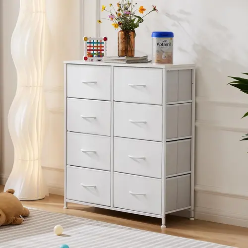 【Back to School】8 Drawers Dresser Organizer Storage Drawers Fabric Storage Tower, Chest of Drawers with Fabric Bins, Steel Frame, Wooden Top