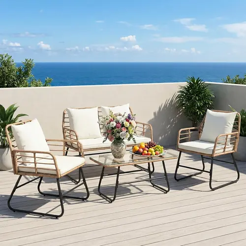 Sweetcrispy 4-Piece Outdoor Furniture Set - Patio Furniture Sets with Thick Sandwich-Structure Cushions, Ergonomic Deep Sit All-Weather Rattan Sofa, 65-lb Glass Table for Porch, Lawn, Deck