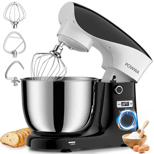 POWWA 6.5 QT Tilt-Head Electric Stand Mixer - 10 Speeds 3-In-1 Kitchen Appliances, Attachment Stand Mixers with Bowl, Dough Hook, Whisk, Beater for Baking (White Blue), Mixing Bowls