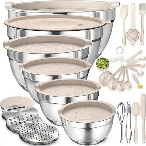 26PCS Stainless Steel Round Mixing Bowls Set with Airtight BPA-Free Lids, 3 Grater Attachments, Mirror Finish - Nesting Sizes for Cooking, Serving, Fridge-Fit Shelving (7QT,4QT,2.5QT,2.0QT,1.5QT,1QT) Kitchen Supplies Tableware