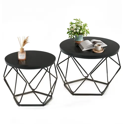 Sweetcrispy 2-Piece Small Round Nesting Coffee Tables with Steel Frame - Modern End Table, Space Saving Living Room Furniture, Apartment Furniture for House Decor & Practical Use, Drink Table, End Table Combo