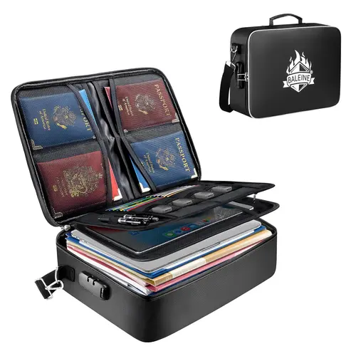 Fireproof Document Bag with Combination Lock - Silicone Fiberglass Durable Pouch, Waterproof Large-Capacity Home Organizer with Reinforced Handle, Dual Zips, Secure Zip Locks, 4 USB Pockets, Luggage Strap for Home/Office Papers, Passports, Certificates