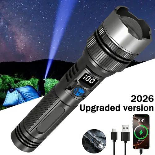 【2026 Upgraded version】2200 lumen 2-in-1 Strong Flashlight (Power Bank)，Digital display of power, Rechargeable，Zoomable,IPX6 Waterproof, Adjustable Brightness Flash Light for Outdoor, Emergency, Camping Accessories，Black BackToSchool