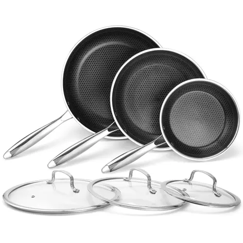 TIBBICC 6-Piece Nonstick Frying Pan Set with Lids - 8/10/12 Inch Hybrid Stainless Steel Skillets, Stay-Cool Handles, PFOA-Free, Dishwasher & Oven Safe, Compatible with All Cooktops, Healthy & Less Oil Cooking Set