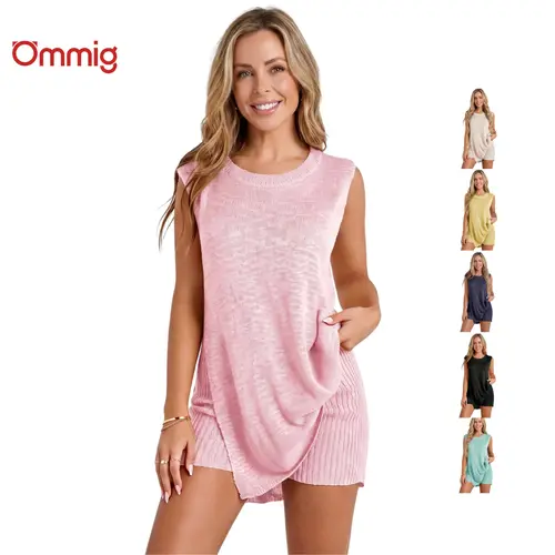 Ommig Women's 2-Piece Knitted Matching Set - Acrylic Boat Neck Sleeveless Sweater Tunic Top, High-Waisted Ribbed Shorts, Lounge Set For Women