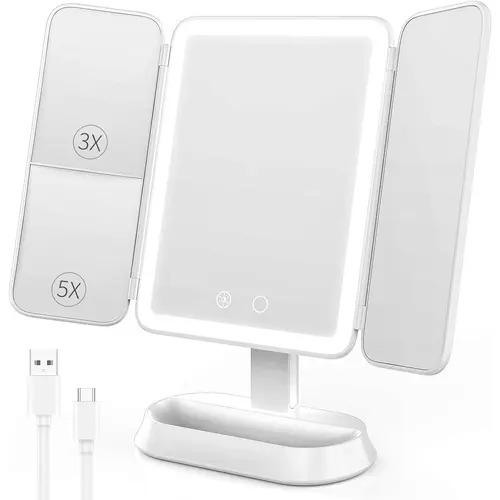 Tri-fold Travel Makeup Mirror with 48 LED Lights, 2X/3X/10X Rechargeable Vanity Mirror with Light,Portable Magnifying Mirror with Light,Stepless Dimming and Touch Control Table Mirror, Perfect Gift for Mother's Day