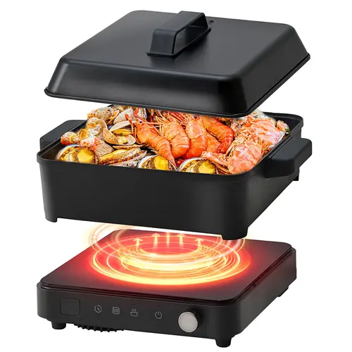 Olayks Multifunction Portable Induction Stovetop - 1500W Max (150W-1500W, 200W & Above), 6 Temp Settings, 8 Power Levels, 99-Min Digital Timer, LED Display, Knob Control, 8L Cast Iron Pot, Induction-Compatible Pan, Multi-Cook Modes