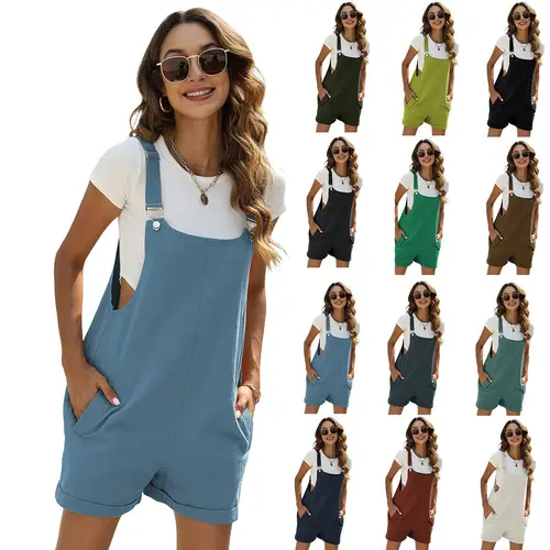 Ommig Women's Sleeveless Strappy Casual Loose Linen Shortalls - Basic Scoop Neck Summer Bib Overalls with Adjustable Straps, Pockets, Cotton Fabric, Athletic Style