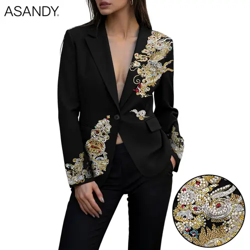 ASANDY Hand-Embroidered Dragon Statement Blazer with Beaded Glitter Sequins, Single-Breasted Jacket for Parties & Red Carpet, Piece, Dragon Motif, Statement Wear, Medium Length, Bright Statement Suit Separates