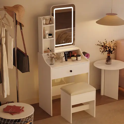Sweetcrispy Modern Makeup Vanity Desk Set, Small Indoor Furniture with Dimmable Lighted Mirror, Storage Drawers, Shelves & Stool for Bedroom
