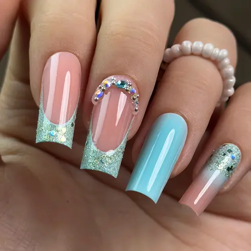 Blue French Tip Press On Nails | CurvLife Nail | 30pcs Medium Square Fake Nails | Crystal Glitter Accent Design | Easy Apply, Comfortable & Durable | Daily, Business & Party Nail Art