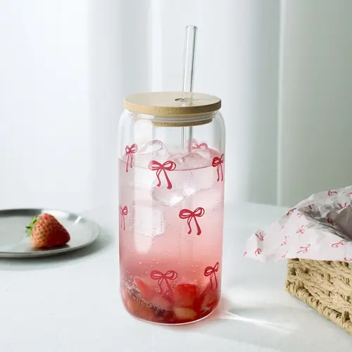 Coquette Aesthetic Glass Cups with Lids and Straws Pink Bow Iced Coffee Cup Decor Cute Tumbler Smoothie with Cleaning Brush Gift Box for Girls Women Friends 16 oz Aesthetic Iced Coffee Cup Stylish Star Design Preppy Cup with Brush