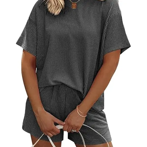 Women's Textured Tee & Shorts Two-piece Set, Casual Comfy Round Neck Short Sleeve T-shirt & Shorts PJ Set, Ladies Loungewear & Sleepwear for All Seasons, Matching Lounge Sets, Homewear, All Seasons Pajamas, Loungewear and Homewear