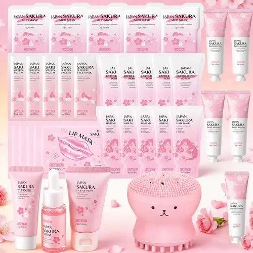 34 or 25 PCS Sakura Skin Care Set, Facial Cleanser, Face Mask, Lip Mask, Anti-Aging Serum, Moisturizer Facial Cream, Hair Mask, Exfoliating Scrub, Mud Mask, Hand Cream, Essence Cream for Women Teen Girls Mom Daughter Mother's Day Christmas Birthday