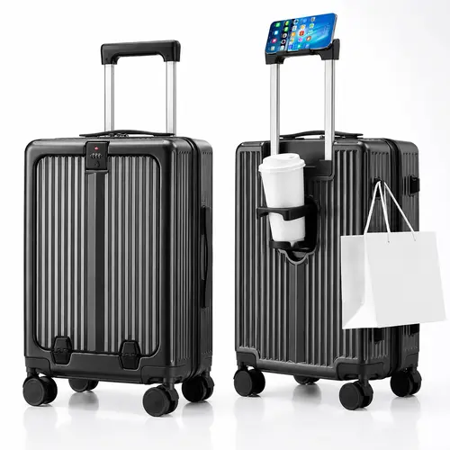 20" PC+ABS Lightweight Anti-Theft 4-Wheel Hardside Carry-On Luggage, 360° Rotation Silent Wheels Smart Travel Essential, Stylish Rugged Bag with Built-In Phone Cup Holder, USB Charger Lock, 41L (Black/White/Gray), Travel Bag