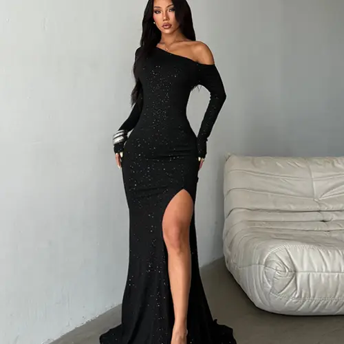 Elegant Sequin One-Shoulder Fit Bodycon Split Dress for Women, Perfect for Evening Dresses, Formal Dresses, Formal Parties, Formal Wear, Nightclubs, Dates, All Seasons Fashion, Elegance