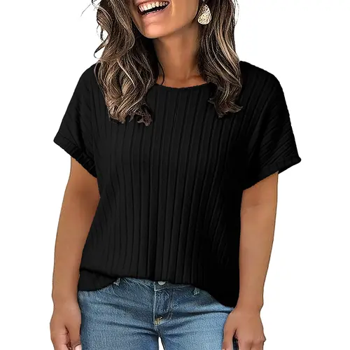 Eytino Plus Size Tops for Women Summer Casual Crewneck Short Sleeve Ribbed Knit T-Shirts Blouses(1X-5X)