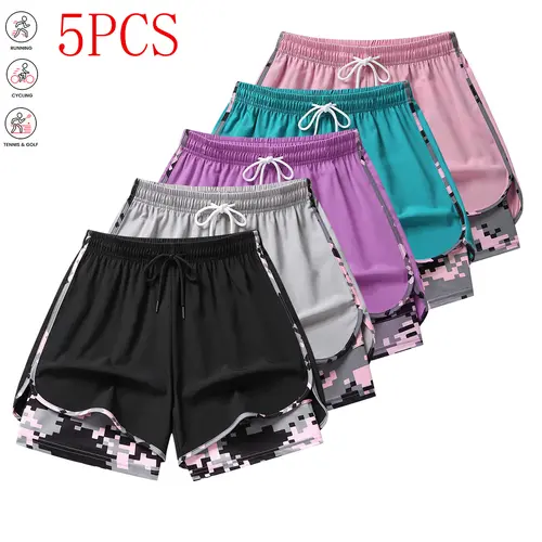 Women's 5-Piece Casual Athletic Shorts Set - Polyester Clothing with Built-In Liner (Adds Coverage), Drawstring, Elastic Waistband, Run-Ready Fit - Suitable for Outdoor to Gym, Fitness - Gym Womenswear Bottoms